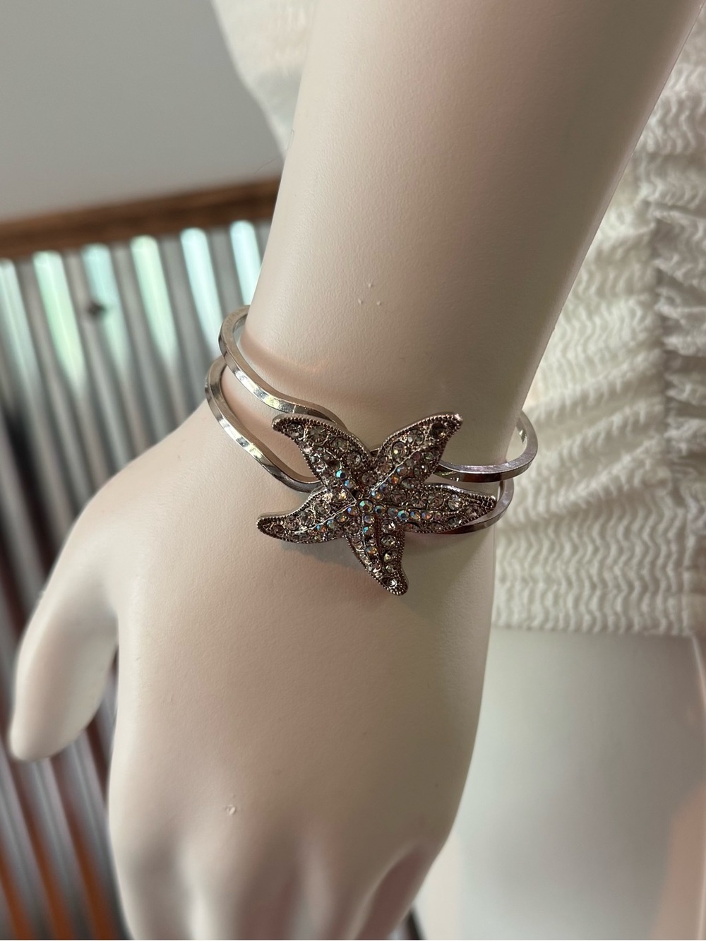 Rhinestone Starfish Silver Cuff Bracelet - Women's Beach Jewelry